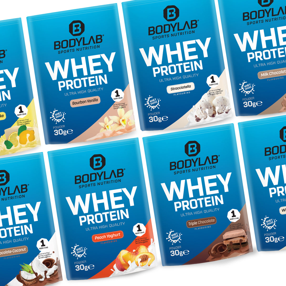 Whey Protein Probierboxen (8 Proben je 30g) Box 2: Bourbon Vanilla – Chocolate Coconut – Triple Chocolate – White Chocolate – Peach Yogurt – Stracciatella – Milk Chocolate and Lemon Cheesecake.
