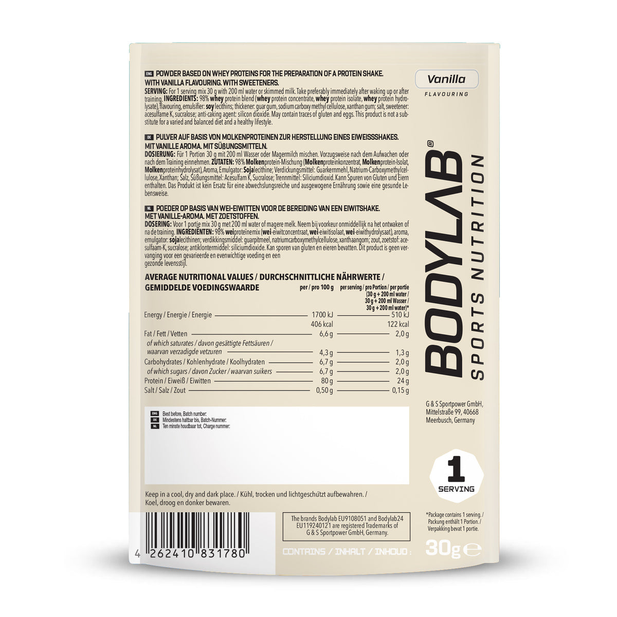 Whey Protein Probierboxen (8 Proben je 30g) Box 3: Vanilla – Banana – Raspberry Yogurt – Pistachio – Butter Biscuit – Cinnamon Rice Pudding – Hazelnut Cocoa and Strawberry White Chocolate.