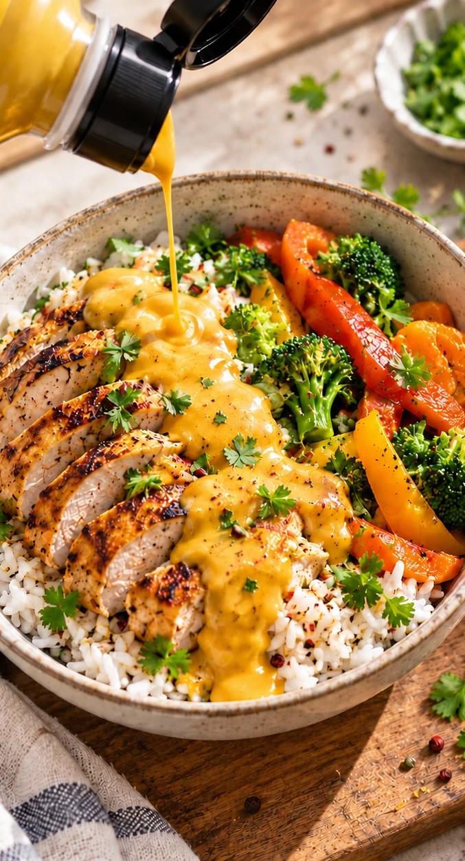 Meal-Prep-Bowl von oben mit Hähnchen, Reis und Gemüse, BODYLAB ZERO Sauce Indian Curry wird darübergegossen
