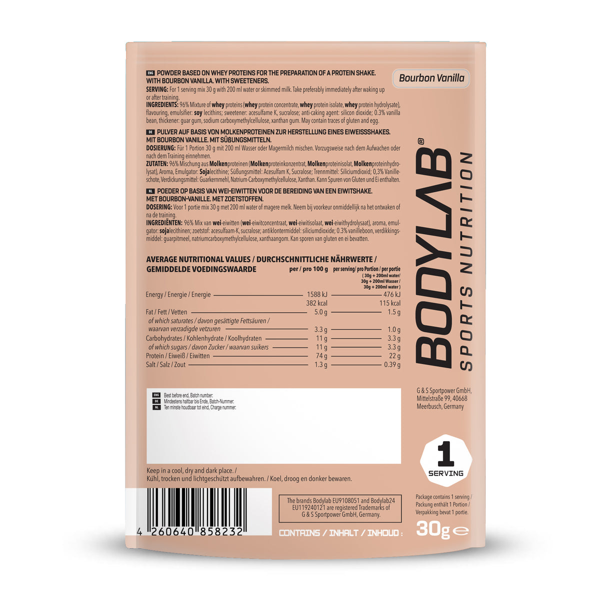 Whey Protein Probierboxen (8 Proben je 30g) Box 2: Bourbon Vanilla – Chocolate Coconut – Triple Chocolate – White Chocolate – Peach Yogurt – Stracciatella – Milk Chocolate and Lemon Cheesecake.