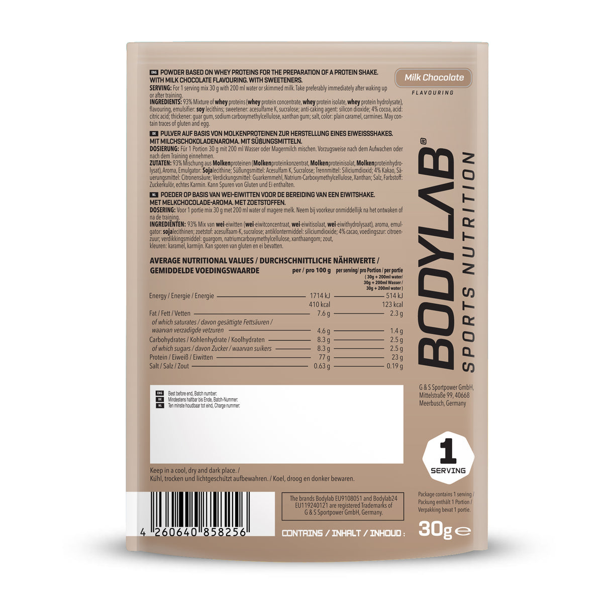 Whey Protein Probierboxen (8 Proben je 30g) Box 2: Bourbon Vanilla – Chocolate Coconut – Triple Chocolate – White Chocolate – Peach Yogurt – Stracciatella – Milk Chocolate and Lemon Cheesecake.