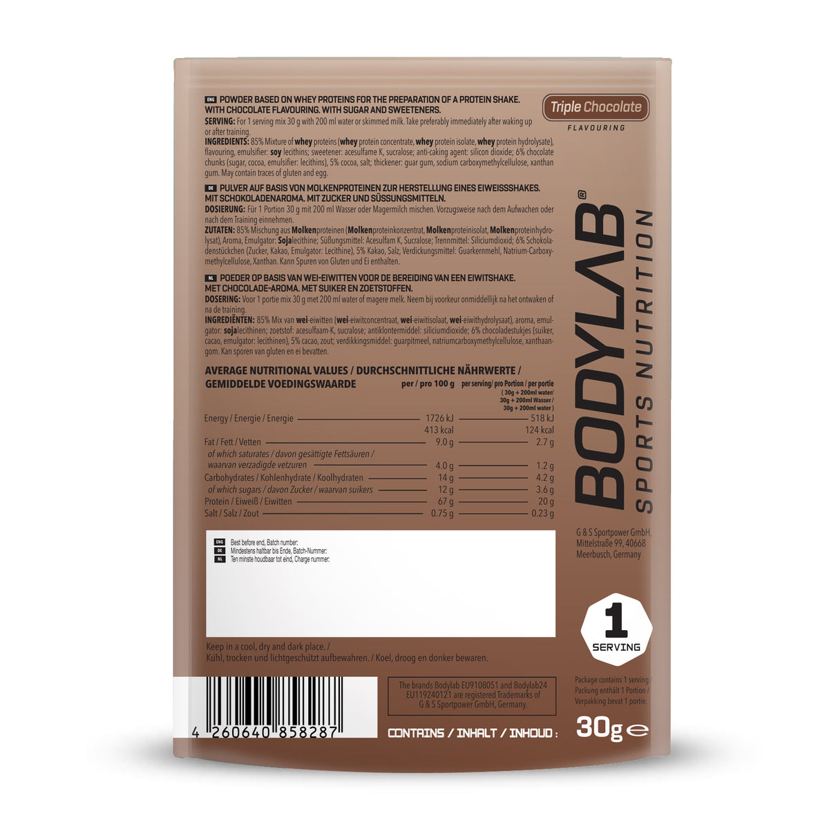 Whey Protein Probierboxen (8 Proben je 30g) Box 2: Bourbon Vanilla – Chocolate Coconut – Triple Chocolate – White Chocolate – Peach Yogurt – Stracciatella – Milk Chocolate and Lemon Cheesecake.