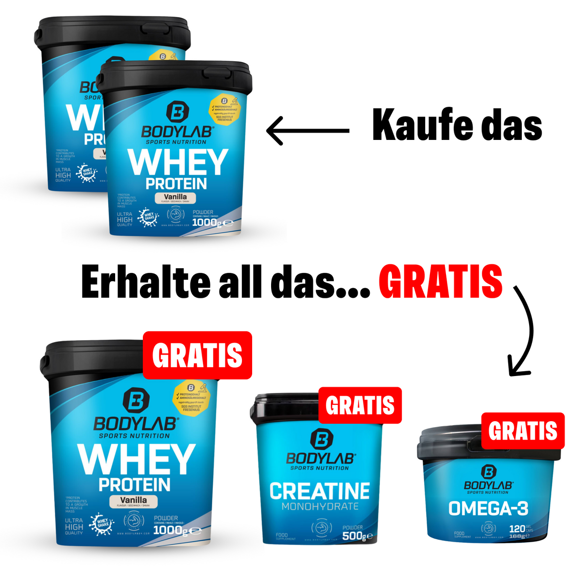 EXKLUSIVER DEAL: 5Für2 Protein-Powerpack mit Gratis Whey + Creatine + Omega-3