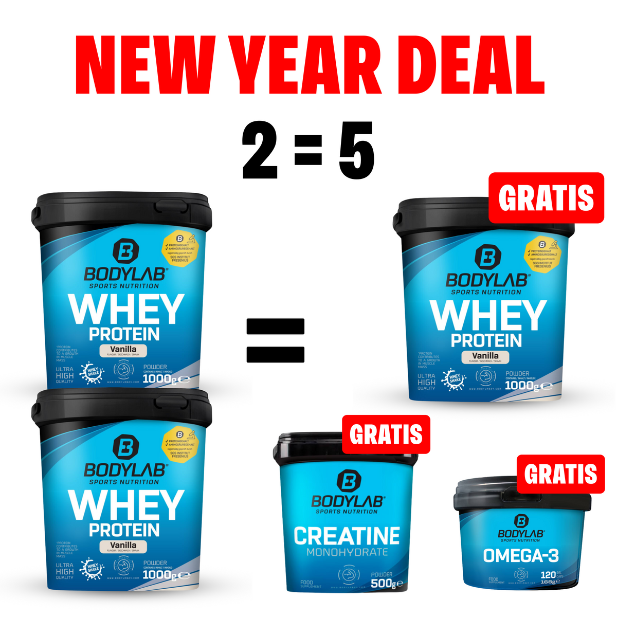 EXKLUSIVER DEAL: 5Für2 Protein-Powerpack mit Gratis Whey + Creatine + Omega-3